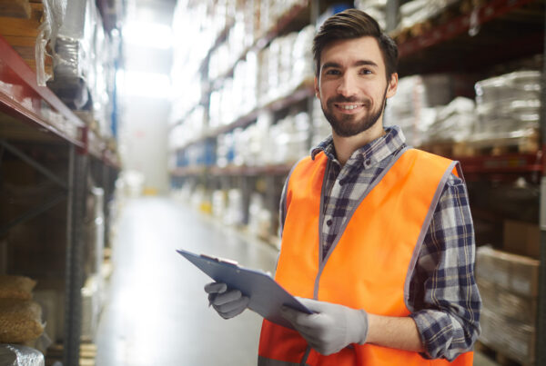 Young supervisor with document making note of goods in warehouse